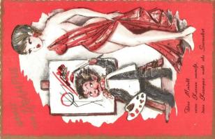 11 db MODERN erotikus, humoros, díszes krampuszos képeslap, kétféle ismétlődő példány / 11 MODERN er...