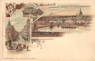 Budapest, Látkép, Vigadó, Andrássy út, floral, Magyar Automatagyár és Kölcsönző Rt. litho (EK)