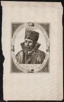Nicolaus Grave von Serin. Obrister zu Sigeht in Ungern. Zrínyi Miklós (1508-1566) balra néző mellképe. Matthias Zündt 1566-ban megjelent ábrázolása nyomán Hans Sibmacher készítette, 1602-ben látott napvilágot Ortelius Chronologia.. . című munkájában. Papír méret 18x31 cm /  Engraved image of count Miklos Zrinyi. Paper size: 18x31 cm