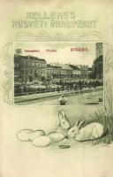 Eperjes, Presov; Fő utca, Városháza, Nyulas húsvéti üdvözlőlap. Divald Károly fia / main street, town hall, Art Nouveau Easter greeting art postcards with rabbits