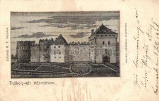 Késmárk, Kezmarok; Thököly vár, Késmárki Szövőiskola textillapja. Schmidt R. C. kiadása / castle, textile card