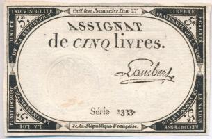 Franciaország 1793. 5L "Assignata" T:III France 1793. 5 Livres "Assignat" C:F