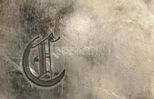 Ezüstözött kézi, csiszolt tükör, pótolt csavarokkal, monogrammal, jelzett, kopott, 25×13 cm