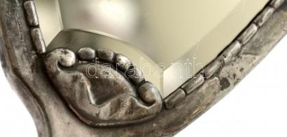 Ezüstözött kézi, csiszolt tükör, pótolt csavarokkal, monogrammal, jelzett, kopott, 25×13 cm