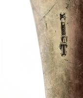 Ezüstözött kézi, csiszolt tükör, pótolt csavarokkal, monogrammal, jelzett, kopott, 25×13 cm