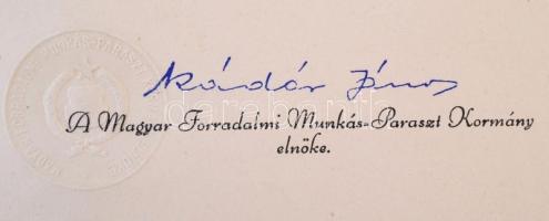 1957 Kádár János aláírása a  Munkás Paraszt Hatalomért emlékérem adományozó okiratán.  Az ellenforra...
