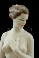 Hollóházi térdelő akt, kézzel festett, jelzett, apró máz hibával, m:29 cm