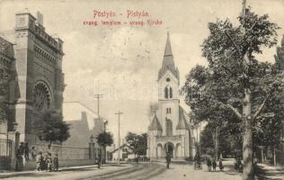 Pöstyén, Piestany; Evangélikus templom, utcakép zsinagógával / church, street view with synagogue