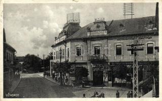 Ungvár, Uzhorod; Bercsényi szálloda, Szlovén Bank, utcakép távvezetékoszloppal / hotel, Slovenian bank, street view with pylon &quot;1938 Ungvár visszatért&quot; So. Stpl