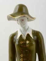 Hollóházi porcelán kalapos hölgy kutyával, kézzel festett, jelzett, hibátlan, m: 39 cm