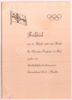 1936 A Berlini Olimpia evezősversenyeket megnyitó  díszvacsorája, Raeder admirális részvételével. Menükártya. Szú rágással /  Menu card of the opening gala breakfast of the 1936 Berlin Olympic Games rowing games with the participation of Admiral Raeder. With some damages.11x16 cm