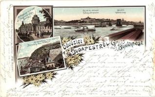 1897 (Vorläufer!) Budapest, Királyi vár és várbazár, Lánchíd, Margitsziget fürdőépület, Gellérthegy, Tabán, Carl Otto Hayd, No. 390. floral, litho (EK)