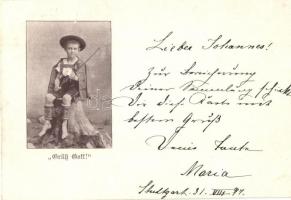 1897 (Vorläufer!) Grüß Gott! / Greeting card with boy holding a fishing rod (EK)