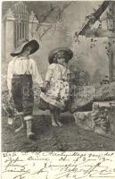 Young couple, children holding hands, flowers (vágott / cut)