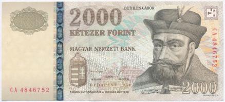 1998. 2000Ft "CA4846752", hátoldali nyomathiány, csak alapnyomat, a szakirodalom által nem...
