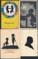 7 db RÉGI motívumlap, sziluett művészlapok, Georg Fischke és Dora Heckel aláírásaival, egy másodpéldánnyal, vegyes minőség / 7 pre-1945 motive cards, silhouette art postcards, with the signatures of Georg Fischke and Dora Heckel, one duplicate, mixed quality