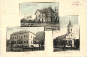 Szépliget, Gajdobra; Vasútállomás, népiskola, római katolikus templom / railway station, school, church (r)
