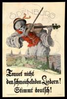 1921 Ernst Kutzer (1881-1965): Ödenburg. Trauet nicht den schmeichelnden Liedern. Stimmt deutsch! litográfia, restaurált plakát; Sopron, ne higyj a behízelgő daloknak. Ausztriára szavazást éltető propaganda a Soproni népszavazás idejéből / Asutrian propaganda poster for the Sopron referendum. Color litography poster, restored, 94×62 cm