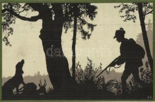 Hunter with dog, silhouette art postcard s: R. W.