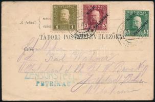 1915 Tábori posta levelezőlap 3 színű bélyeges bérmentesítéssel / Field postcard with 3 different stamps, &quot;EP PIOTRKOW a&quot;