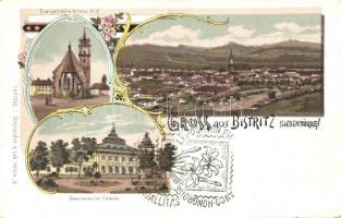 Beszterce, Bistritz, Bistrita; Látkép, evangélikus templom, céh épület / general view, church, trade union building, Art Nouveau, Schneider &amp; Lux No 1065 litho So. Stpl.