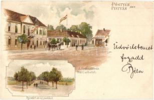1898 Pöstyén, Pistany, Pistyan; Fürdő szálló, kávéház, új park (vágott / cut)