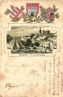 Pozsony, Pressburg, Bratislava; Sétatér, címerek, kiadja Holderer Gusztáv No. 3. / promenade, coat of arms, Emb. litho s: Max Trübe (fl)