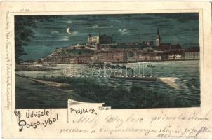 Pozsony, Pressburg, Bratislava; Látkép, vár, gőzhajó, este / general view, castle, steamship, at night, Regel u. Krug litho (ázott sarkak / wet corner)