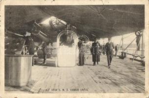 'Auf Deck SMS Viribus Unitis' / A Viribus Unitis fedélzetén, K.u.K. hadintengerészek, lövegek / K.u.K. Kriegsmarine, mariners, navy, on board, cannons, phot. A. Beer., Verlag F. W. Schrinner, Pola; marinefeldpost from SMS Bellona (Rb)