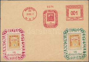 1931 2 klf Pannónia Bélyegegyesület keretbélyeg bennük Hadisegély (II) 2f bélyeg levelezőlapon frankotíp bélyegzéssel