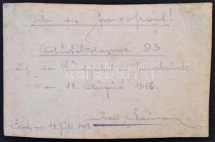 1916 Isonzo, frontra tartó vasúti vagonok, a hátoldalán német nyelvű sorokkal, dátumozással, aláírás...
