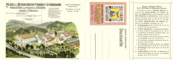 Finkensteiner Teigwaren Schutzmarke. Nudel und Makkaroni Fabriken G. Gregori; Finkenstein bei Villach und Bozen (Tirol) / Austrian noodle factory advertisement card. 4-tiled litho folding card