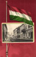 Eger, Széchenyi utca a postával, magyar zászlós litho képeslap