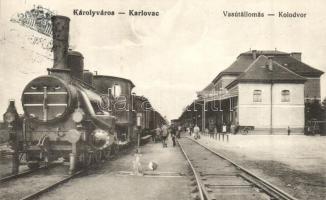 Károlyváros, Karlovac; Kolodvor / Vasútállomás gőzmozdonnyal / railway station with locomotive