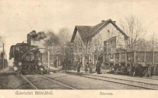 Billéd, Biled; vasútállomás érkező gőzmozdonnyal. A. Weiser / railway station with arriving locomotive (EK)