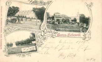 Borossebes, Sebis; Hősök emléke, Piac tér templommal és Steiner Samu üzletével. Honisch fényképész felvétele / monument, market square, church, shop, floral, Art Nouveau