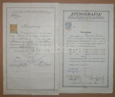 1922-1926 2db bizonyítvány, posta altiszti és gyors és gépírói tanfolyam elvégzéséről (1926,1922)