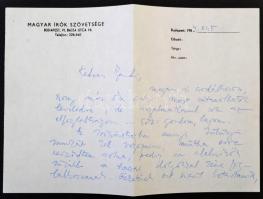 1984 Fodor András (1929-1997) Kossuth-díjas költő, esszéíró, újságíró levele dr. Szirmay Endrének (1920-2013) költő, író, műfőrdítónak, alírással, Magyar Írók Szövetségének fejléces papírján, borítékjában.