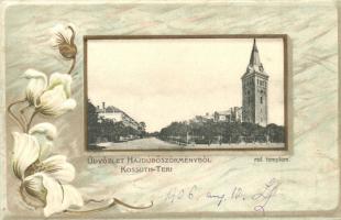 Hajdúböszörmény, Kossuth tér, Református templom. Art Nouveau virágos litho képeslap. Kiadja Szabó Ferenc No. 7453.