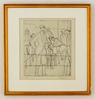 Schneuer, David (1905-1988): Lovas alakok, rézkarc, papír, paszpartuban, plexizett fa keretben, 21,5×19,5 cm