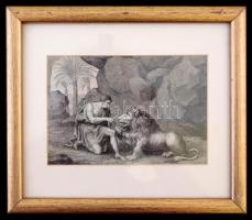 cca 1900 Szent Jeromos az oroszlánnal, rézmetszet, paszpartuban, üvegezett keretben, 10×15 cm