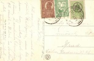 Petrozsény, Petrosany; utcakép népviseletes lányokkal, fonó / street view with folklore, spinning wo...