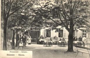 Bázna, Bazna, Baassen; Sétatér, étterem kerthelyisége / promenade, restaurant garden