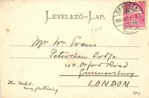 Oravica, Oravita; utcaép, Korona szálloda, Josef Winter üzlete. Weisz Félix montázslapja / Hotel, sh...