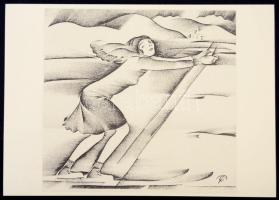 Molnár C. Pál (1894-1981): Síelés, kis szériás ofszet, 30×21 cm