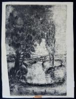 id. Koffán Károly (1909-1985): Híd a folyón, rézkarc, papír, jelzett, nyomáshibával 32,5×21 cm