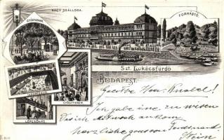 Budapest II. Szent Lukács fürdő, gyógyudvar, iszapfürdő, lépcsőház, nagyszálloda, belső. Art Nouveau litho