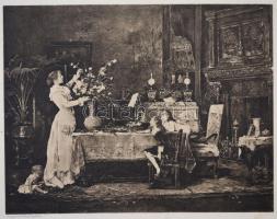 cca 1890 Munkácsy Mihály: Apa névnapja, fénymetszet, papír, feliratozva, 24×34 cm