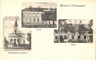 Perjámos, Periam; Zárda, Haulikfalvi templom, Fő tér Hungária könyvnyomdával. kiadja Gatter és Frischmann / nunnery, church, main sqaure with printing shop