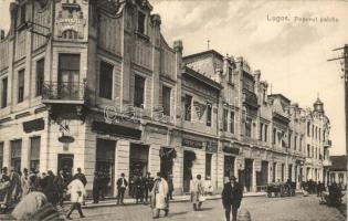 Lugos, Lugoj; Poporul palota utcaképpel, Virtute et Labore, Atelier Pick, Ferenczi István és Hegyesi üzlete / street view with palace, shops